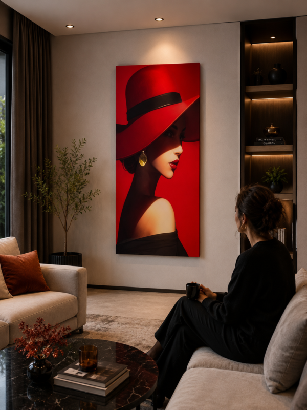 91E9A1CD-B0C7-4810-AC0A-C1090B88933D Rithdecor Lumineuse – Femme Élégante au Chapeau Rouge | Tableau Décoratif Mural 60 x 120 cm