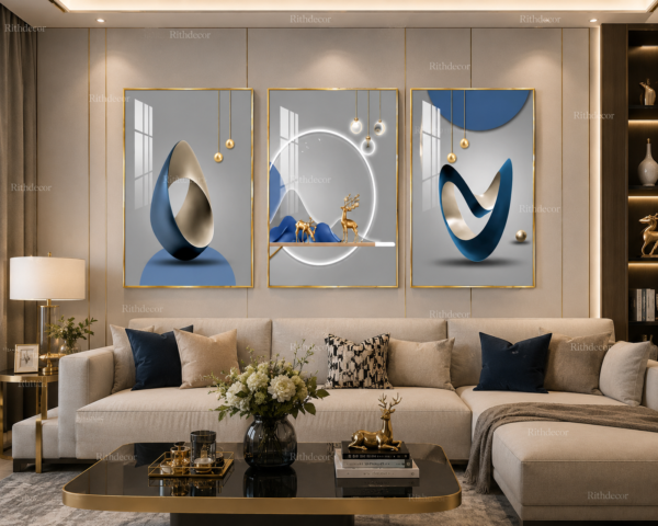 Ensemble de 3 Cadres Décoratifs Abstraits en Cristal Porcelaine Effet Diamant – 50 x 70 cm