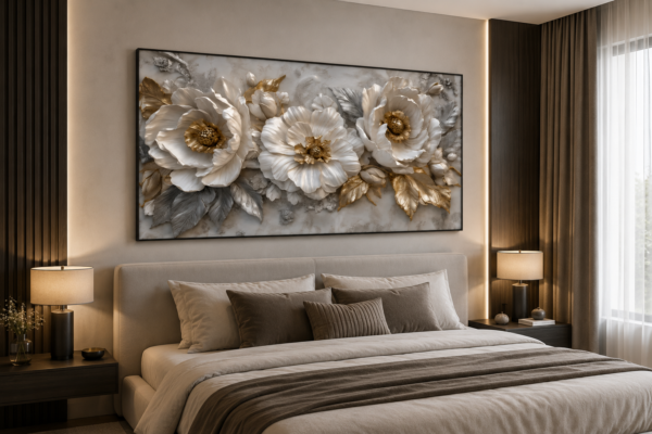 9B2ABADB-8C11-4440-808A-162D85F1EFCC Tableau Floral Blanc et Doré – Cadre Cristal Poli Scellé en Diamant – 60 x 120 cm