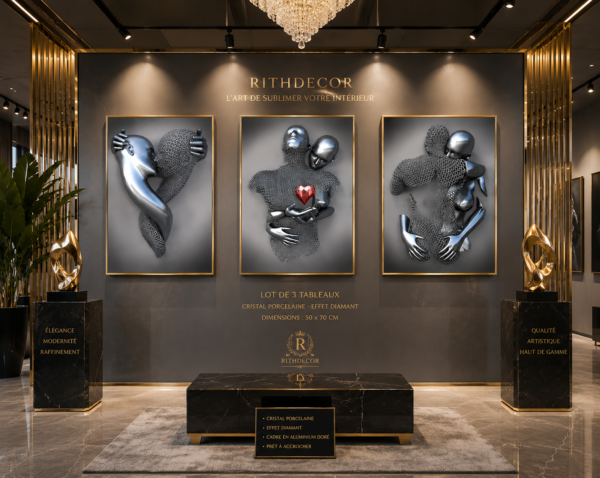 Ensemble de 3 Cadres Décoratifs Modernes – Art Mural en Cristal Porcelaine Effet Diamant 50 x 70 cm