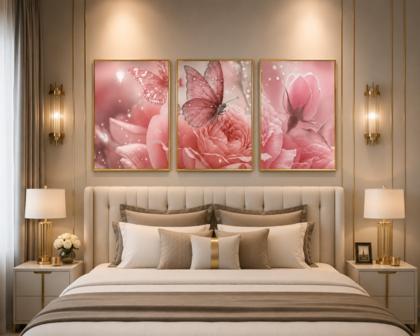 Papillons Roses & Fleurs Élégantes – Ensemble de 3 Cadres Décoratifs