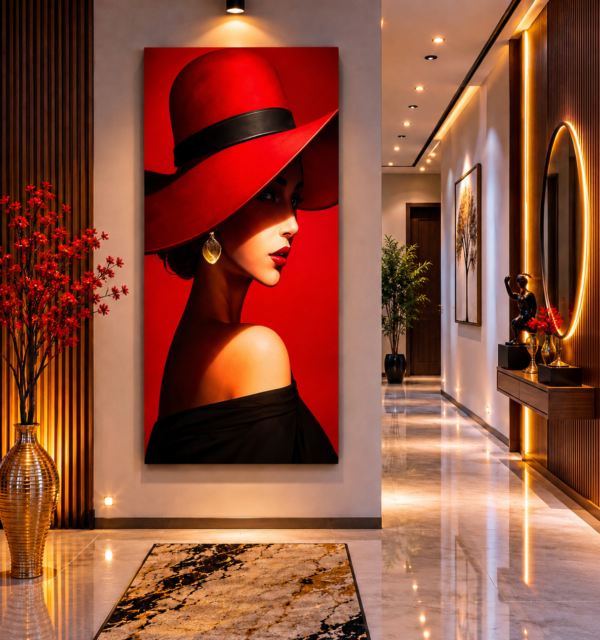 AFBA367C-E955-4E9F-BE76-FE48875D54F5 Rithdecor Lumineuse – Femme Élégante au Chapeau Rouge | Tableau Décoratif Mural 60 x 120 cm