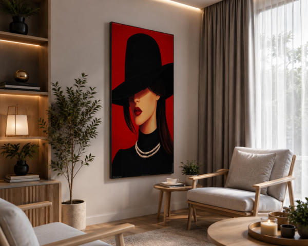 C59A7A25-17C7-4AFC-90FE-182C18146F44 Art Mural Abstrait Femme au Chapeau Noir – Tableau Décoratif sur Toile 60 x 120 cm