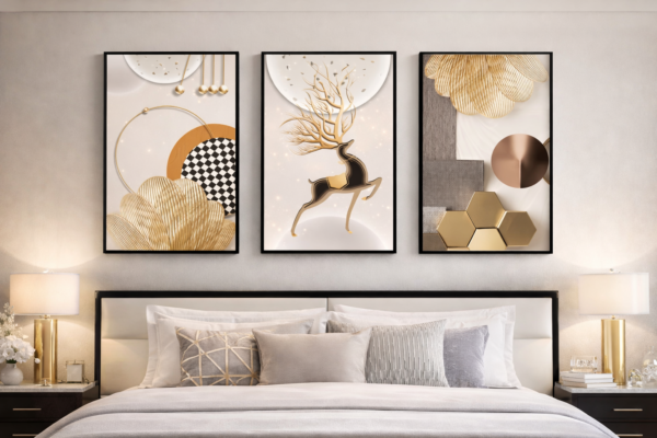 Cadres Décoratifs Muraux Modernes – Ensemble de 3 Pièces 50 x 70 cm | Design Luxe Doré
