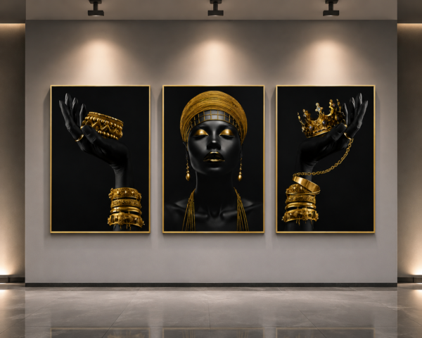 Femme Africaine Noir et Doré – Ensemble de Cadres Décoratifs en Cristal 45 x60 cm