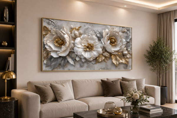 CEF4F8A1-9613-43C7-BEA1-5AF545CB796E Tableau Floral Blanc et Doré – Cadre Cristal Poli Scellé en Diamant – 60 x 120 cm