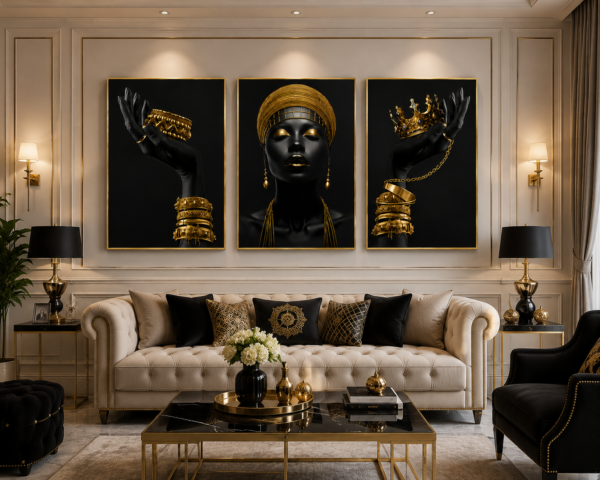 Femme Africaine Noir et Doré – Ensemble de Cadres Décoratifs en Cristal 45 x60 cm