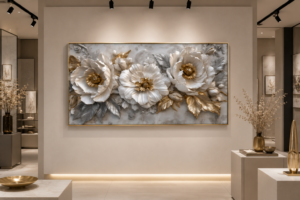 Tableau Floral Blanc et Doré – Cadre Cristal Poli Scellé en Diamant – 60 x 120 cm