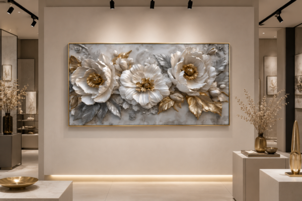D55D3940-3633-4AAD-A6D5-0EDFE156245E Tableau Floral Blanc et Doré – Cadre Cristal Poli Scellé en Diamant – 60 x 120 cm