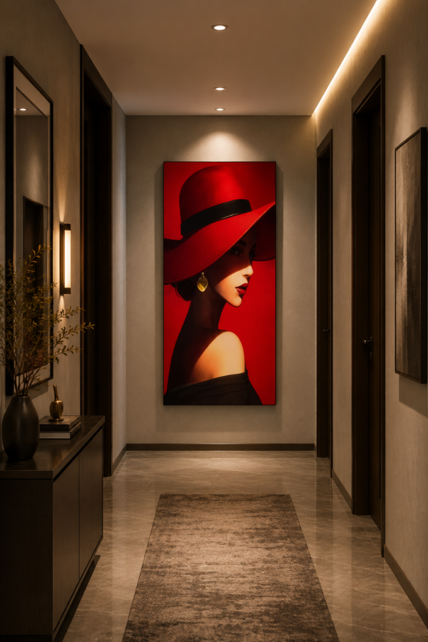 EFC80BC2-EDA2-4E0D-94D3-76A60D1C568C Rithdecor Lumineuse – Femme Élégante au Chapeau Rouge | Tableau Décoratif Mural 60 x 120 cm