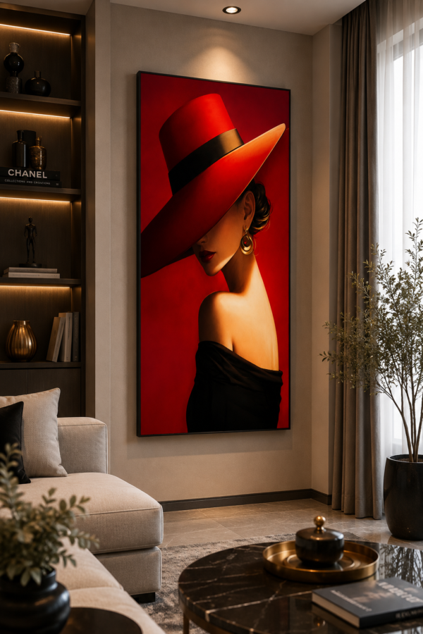 EFEDA0D2-5C0B-4452-9880-76DF8E5A733D Tableau Décoratif Femme au Chapeau Rouge – Art Mural Moderne sur Toile 60 x 120 cm