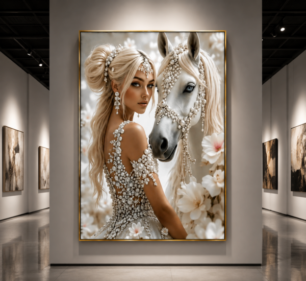 Princesse de Perles et Cheval Blanc – Tableau Décoratif de Luxe