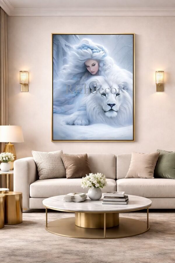 Lion Wall Art with Elegant Woman - 70x100 cm