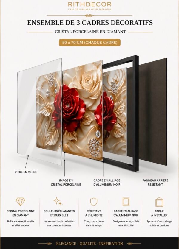 Screenshot Ensemble de 3 Cadres Décoratifs en Cristal Porcelaine – 45x60 cm – Cadre Noir