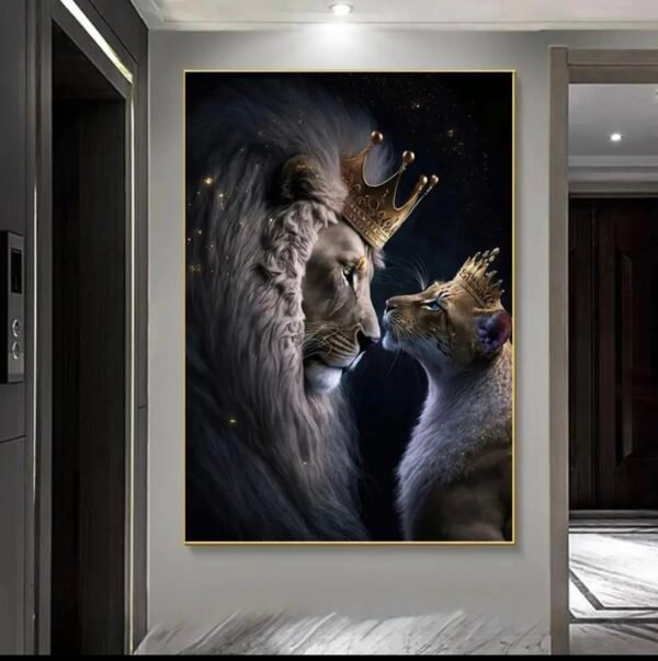 Lion Royal et Lionne Couronnée – Cadre Décoratif en Cristal Porcelaine 70 x 100 cm