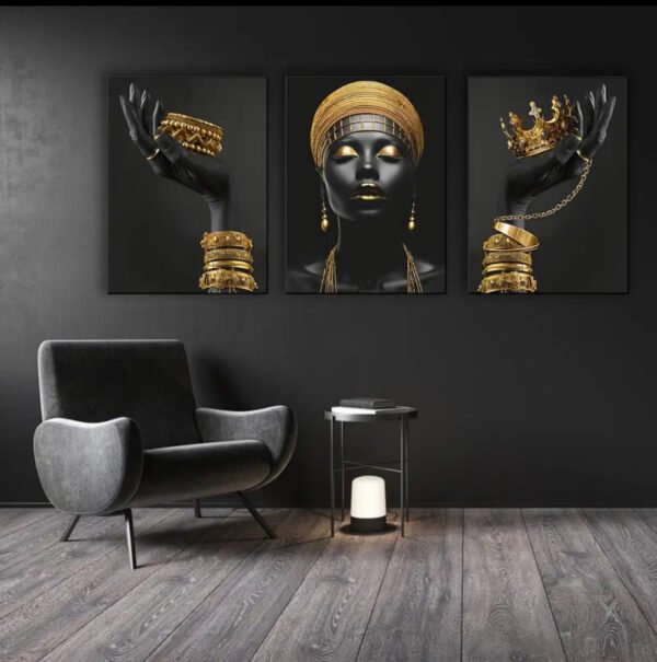 Femme Africaine Noir et Doré – Ensemble de Cadres Décoratifs en Cristal 45 x60 cm
