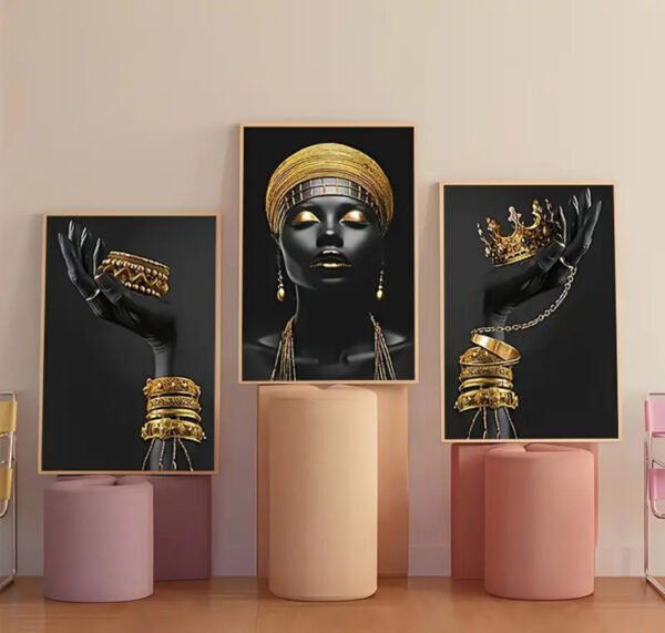 Femme Africaine Noir et Doré – Ensemble de Cadres Décoratifs en Cristal 45 x60 cm