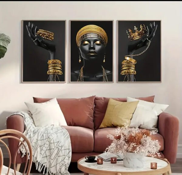 Femme Africaine Noir et Doré – Ensemble de Cadres Décoratifs en Cristal 50 x 70 cm