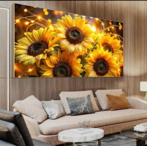 Tournesols Lumineux – Art Mural en Cristal Porcelaine Effet Diamant 60 x 120 cm