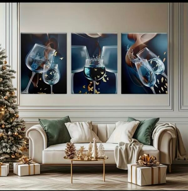Ensemble de 3 Tableaux Décoratifs Verres à Vin – Salle à Manger – 50 x 70 cm chacun
