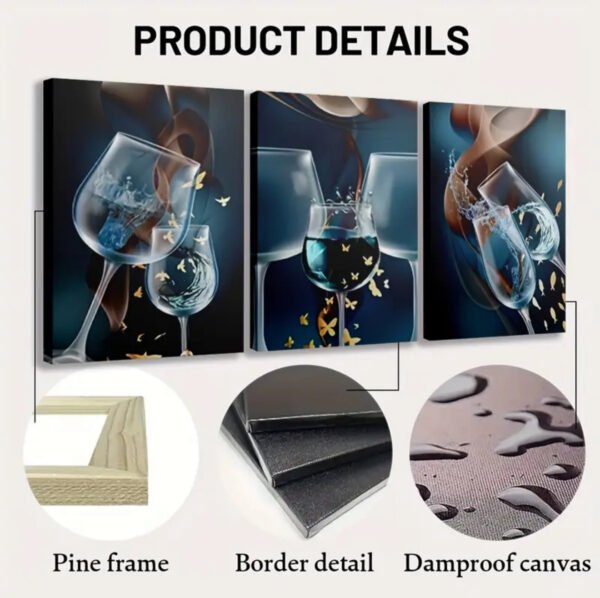 Ensemble de 3 Tableaux Décoratifs Verres à Vin – Salle à Manger – 50 x 70 cm chacun
