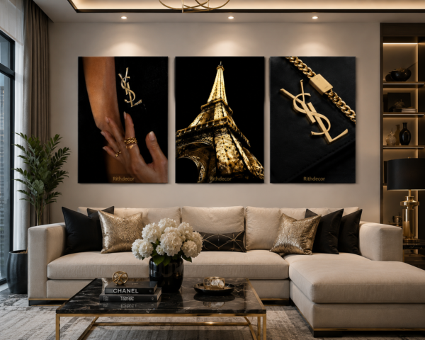 020D0093-FED2-41B7-A878-87FF7C906BBD Élégance Parisienne – Ensemble de 3 Tableaux Décoratifs sur Toile | Style Luxe Noir & Or | 18 × 24 pouces | RithDecor
