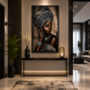 Art mural 1 pièce – Femme Africaine Élégante | Cadre en Cristal Porcelaine | Verre Brillant | Cadre Noir | 50 × 70 cm | Rithdecor