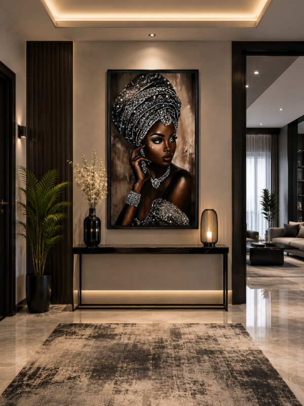 Art mural 1 pièce – Femme Africaine Élégante | Cadre en Cristal Porcelaine | Verre Brillant | Cadre Noir | 50 × 70 cm | Rithdecor