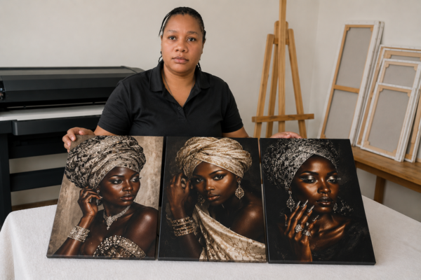 05E46FC5-4BA8-44C9-95F6-1DF10552D518 Ensemble de 3 tableaux sur toile – Femmes africaines élégantes – 18 × 24 pouces