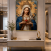 La Vierge Marie au Cœur Immaculé – Cadre Décoration Religieuse de Luxe – Art Sacré – Cadre Cristal Porcelaine en Diamant – 50 × 70 cm – Encadrement Doré