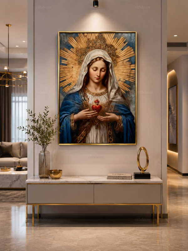 La Vierge Marie au Cœur Immaculé – Cadre Décoration Religieuse de Luxe – Art Sacré – Cadre Cristal Porcelaine en Diamant – 50 × 70 cm – Encadrement Doré
