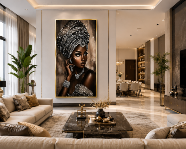 10442A86-F2B9-455E-BDDF-56A7715A1CA0 Art mural 1 pièce – Femme Africaine Élégante | Tableau en Cristal Porcelaine | Cadre Jaune Or | 60 × 120 cm | Décoration Murale de Luxe | Rithdecor