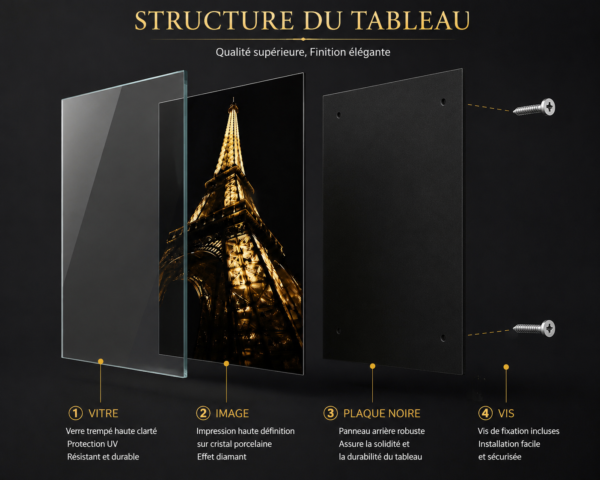 1126207E-5ED2-4C30-99D9-DBD8FA1C417F Art Éméral – Tour Eiffel Noire et Or – Cadre Décoratif en Cristal Porcelaine 50 × 70 cm – Encadrement Doré ou Noir – Art Mural Moderne