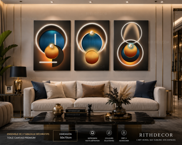 1631A1FB-5F17-4BF2-8144-C98B50046DDB Ensemble de 3 Tableaux Muraux Abstraits Lumineux – Canvas sur Toile – Art Moderne Géométrique – 50 × 70 cm