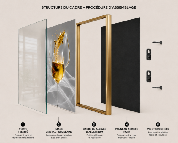 Art Mural Moderne en Cristal Porcelaine – Verres Élégants | Cadre Noir et Doré | 50 × 70 cm