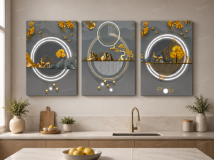 Cadre Décoratif Moderne – Toile Canvas Encadrée – Paysage Abstrait de Luxe – 45 × 60 cm – Gris Ardoise, Gris Bleu, Or et Blanc Cassé