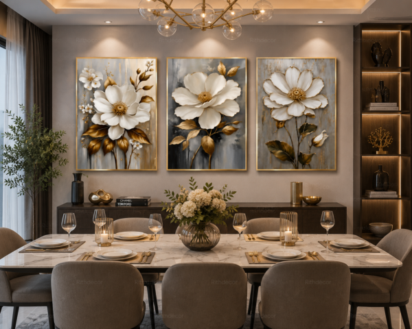 Ensemble de 3 Pièces – Art Mural Floral Moderne | Cadre en Cristal Porcelaine | 50 × 70 cm | Décoration Murale de Luxe | RithDecor