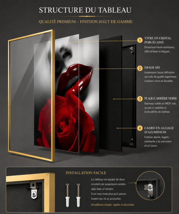 Cadre Décoration Mural Luxe – Lèvres Rouges & Rose Rouge – Art Contemporain – Cadre Cristal Porcelaine en Diamant – 60 × 120 cm – Encadrement Doré