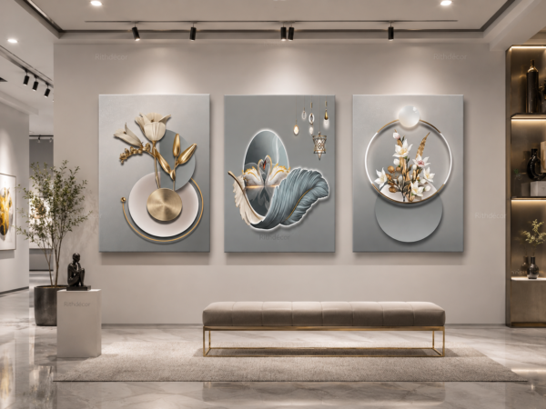 Ensemble de 3 Tableaux Décoratifs Floraux Modernes – Canvas sur Toile – Art Mural Contemporain – 50 × 70 cm – Tons Gris, Blanc et Or