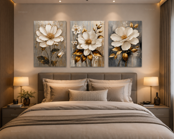 Ensemble de 3 Tableaux Floraux sur Toile – Fleur Blanche Élégante | Décoration Murale Moderne | 50 × 70cm | RithDecor