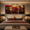 Ensemble de 3 Tableaux Muraux Luxe en Cristal Porcelaine – Roses Rouges & Feuilles Dorées – Cadres 50 × 70 cm – Décoration Élégante pour Intérieur | Rithdecor