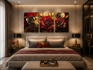 243005A0-08E0-44AE-AA19-2E9F1856C528 Ensemble de 3 Tableaux Muraux Luxe en Cristal Porcelaine – Roses Rouges & Feuilles Dorées – Cadres 50 × 70 cm – Décoration Élégante pour Intérieur | Rithdecor