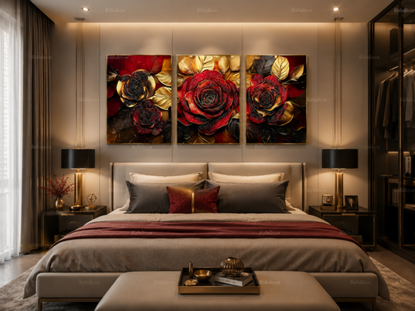Ensemble de 3 Tableaux Muraux Luxe en Cristal Porcelaine – Roses Rouges & Feuilles Dorées – Cadres 50 × 70 cm – Décoration Élégante pour Intérieur | Rithdecor