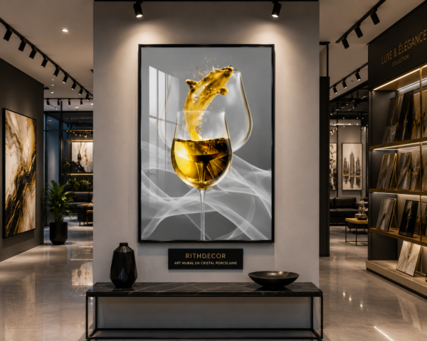 Art Mural Moderne en Cristal Porcelaine – Verres Élégants | Cadre Noir et Doré | 50 × 70 cm