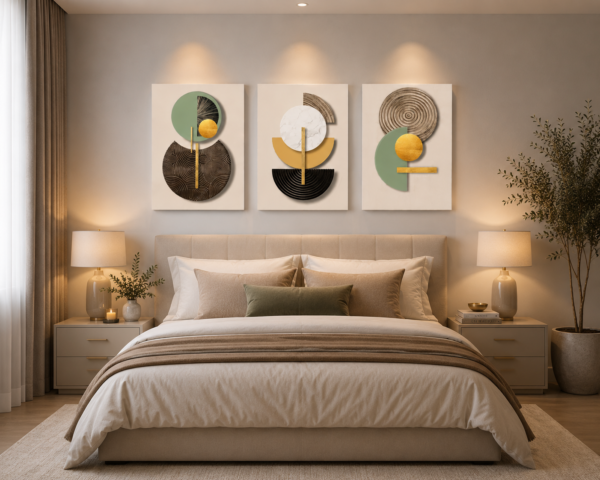 Ensemble de 3 Tableaux Muraux Abstraits – Canvas sur Toile – Art Géométrique Moderne – 45 × 60 cm – Tons Beige, Vert Sauge, Noir et Or