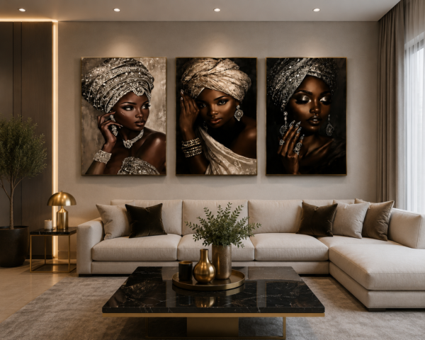 2F00AE16-64D4-45F0-A354-77A28F979E12 Ensemble de 3 tableaux sur toile – Femmes africaines élégantes – 18 × 24 pouces