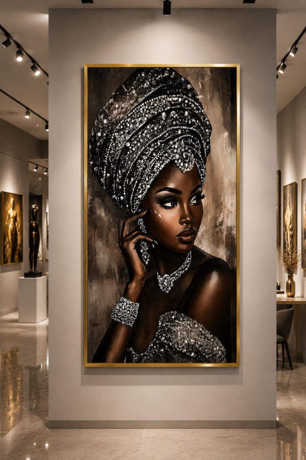 2F25C580-A0D3-4F6D-9A37-598F9CB8BBCE Art mural 1 pièce – Femme Africaine Élégante | Tableau en Cristal Porcelaine | Cadre Jaune Or | 60 × 120 cm | Décoration Murale de Luxe | Rithdecor