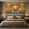 Ensemble de 3 Tableaux Décoratifs Modernes – Paysage Doré avec Cerfs | Cadre Canva | 45 x60 cm | Art Mural Élégant – RithDecor