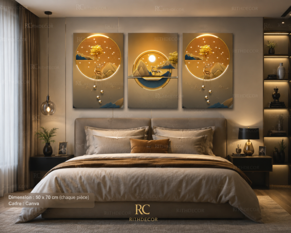 Ensemble de 3 Tableaux Décoratifs Modernes – Paysage Doré avec Cerfs | Cadre Canva | 45 x60 cm | Art Mural Élégant – RithDecor