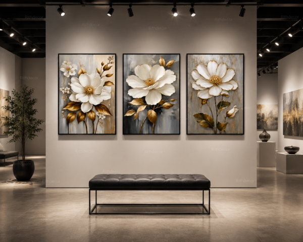 Ensemble de 3 Pièces – Art Mural Floral Moderne | Cadre en Cristal Porcelaine | 50 × 70 cm | Décoration Murale de Luxe | RithDecor
